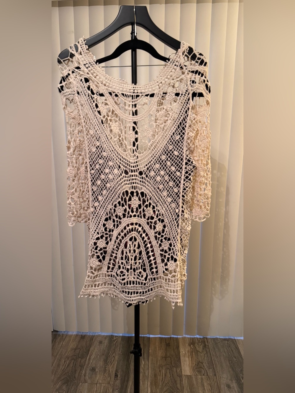 Openwork Crochet Swim Coverup Tunic in Cream